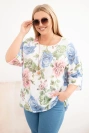 Women's plus-size cotton blouse with short sleeves and floral pattern white