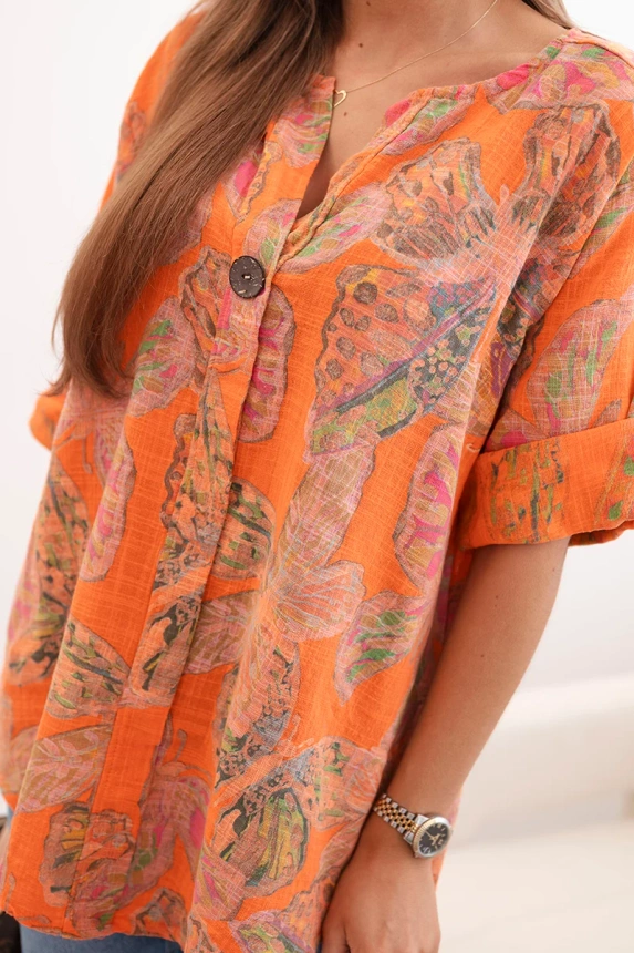 Women's cotton blouse with a butterfly pattern and buttons - orange
