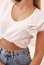 Damen Baumwollbluse mit V-Ausschnitt gestreift camel