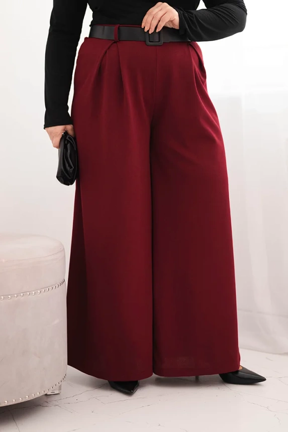 Plus Size women's trousers with wide legs and a belt burgundy