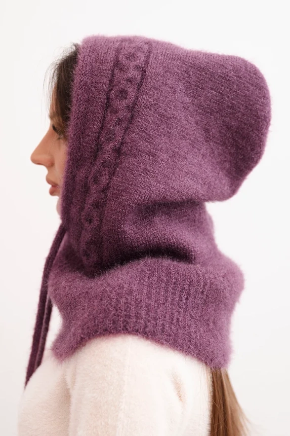 Women's hooded cap with ties and braid pattern purple