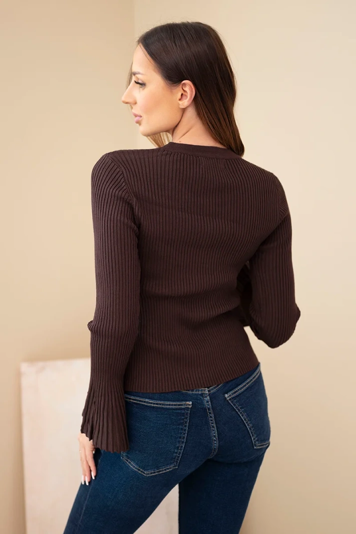 Women's ribbed viscose blouse with buttons and wide sleeve brown