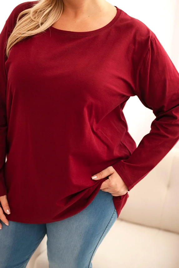Women's Plus Size cotton blouse with a round neckline maroon