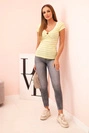 Women's ribbed striped cotton top with a neckline and decorative ring green