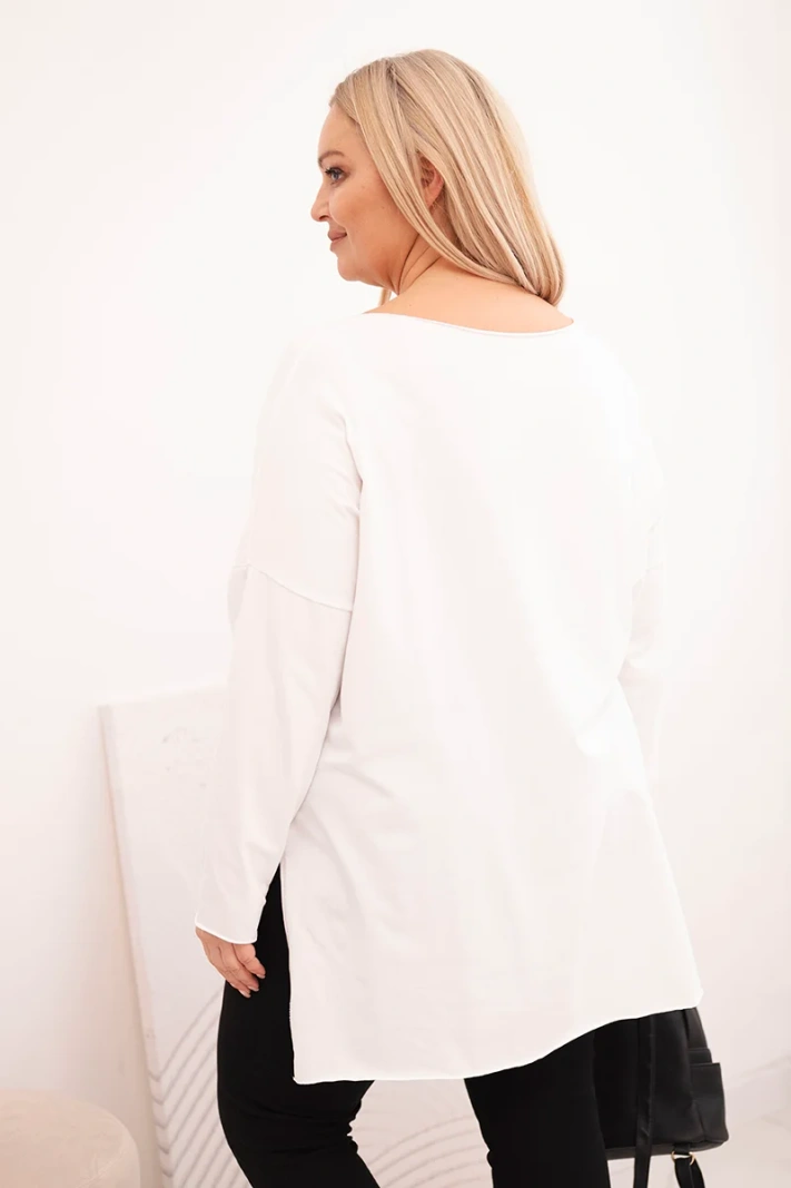 Asymmetrical Plus Size women's blouse with long sleeves white