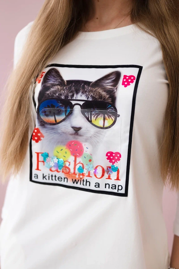 Dress with cat graphics 3D ecru