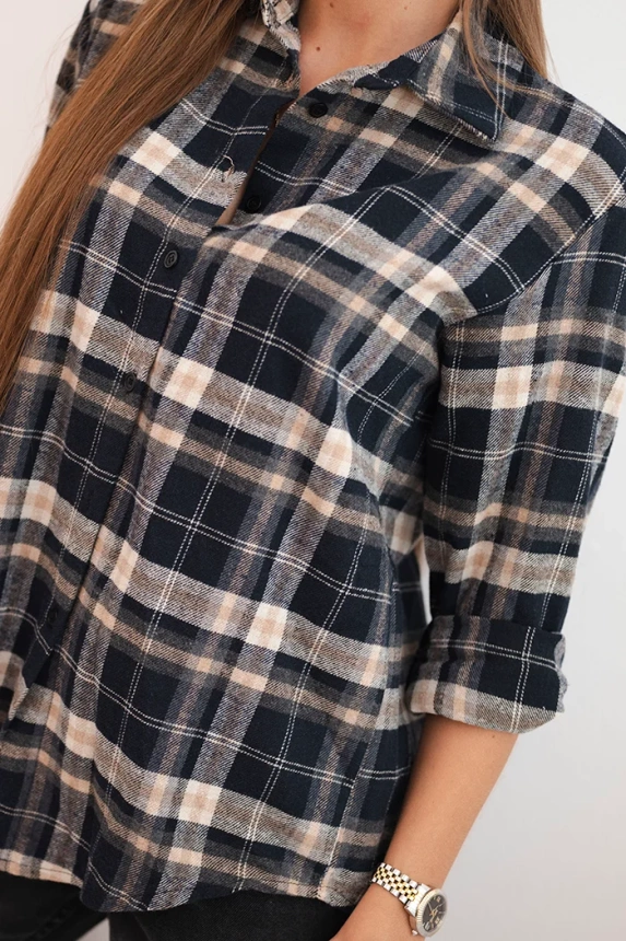 Women's cotton checkered shirt with a longer back gray + beige