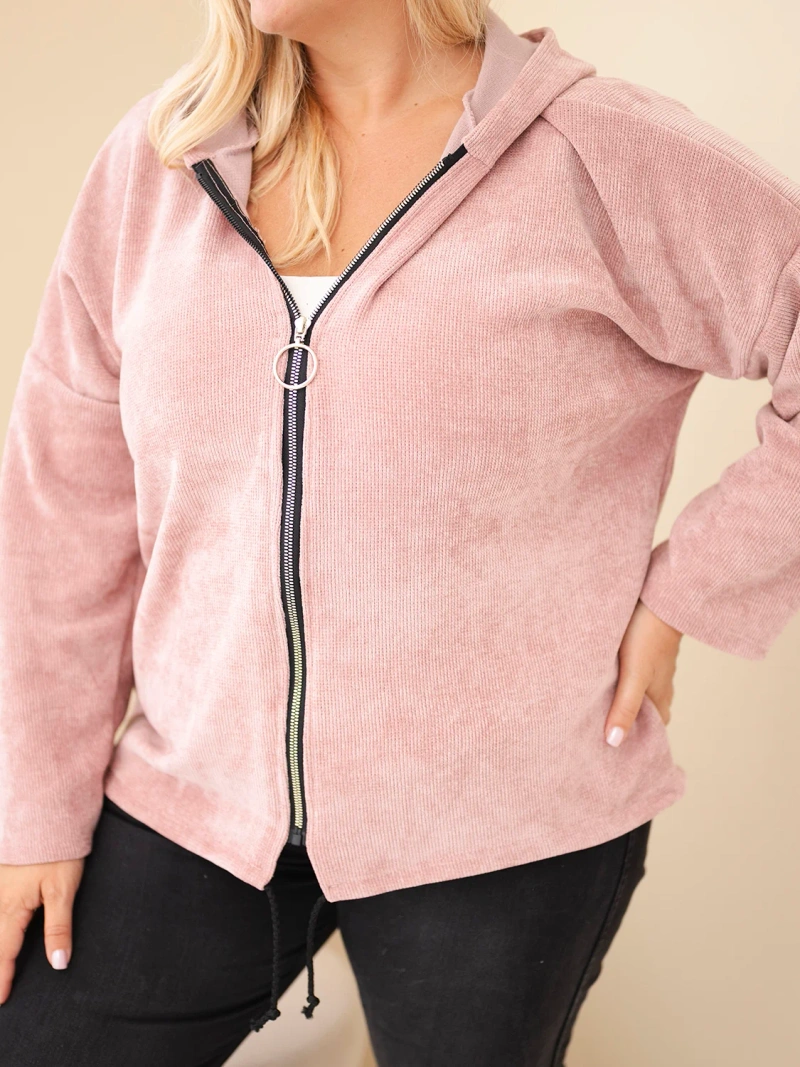 Dámská mikina Plus Size manšestrová s kapucí a zipem oversize tmavě pudrová růžová