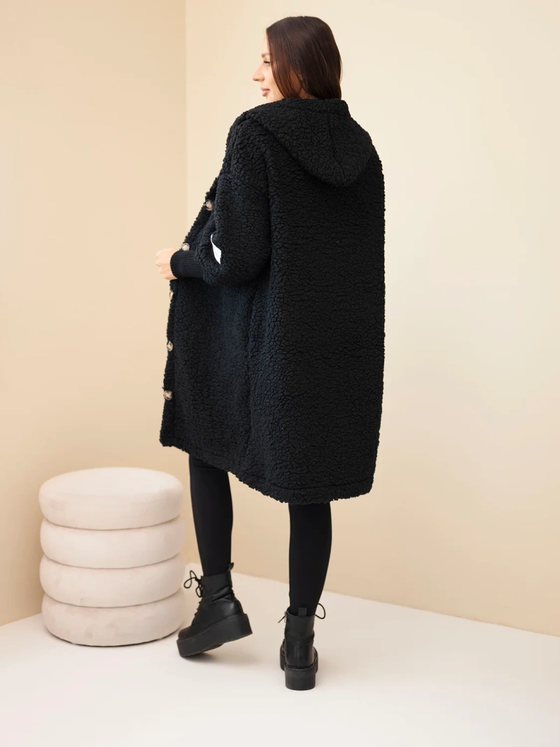 A coat women's made of polyester with a hood and buttons black