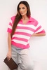 Women's striped sweater with a collar and short sleeves neon pink