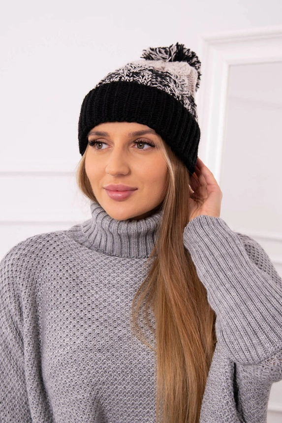 Moteriška kepurė su pomponu Abigail K326 beige+black