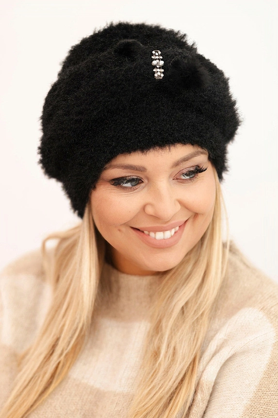 Women's winter fluffy hat with decoration and fur black