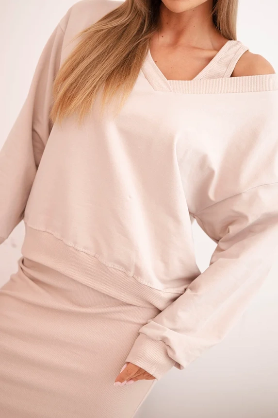 Bluse + gestreiftes Kleid Set beige