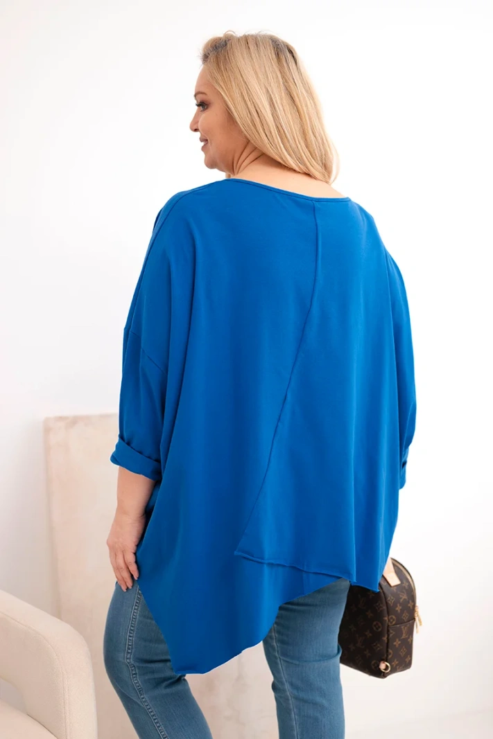 Dámská bavlněná blůza Plus Size s asymetrickým lemem a výstřihem do V chabrová