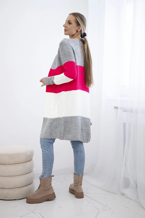 Sweater Cardigan in the straps grey+raspberry
