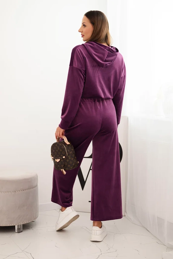 Women's velour tracksuit with wide legs and a hooded sweatshirt dark purple