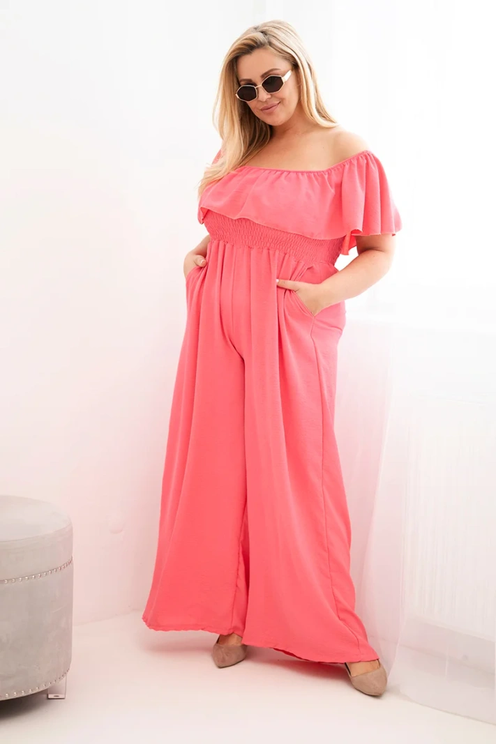 Damen-Plus-Size-Jumpsuit mit Rüsche und kurzen Ärmeln rosa