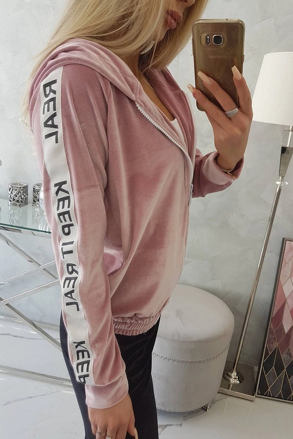 Velurová mikina s kapucí pudrově růžová