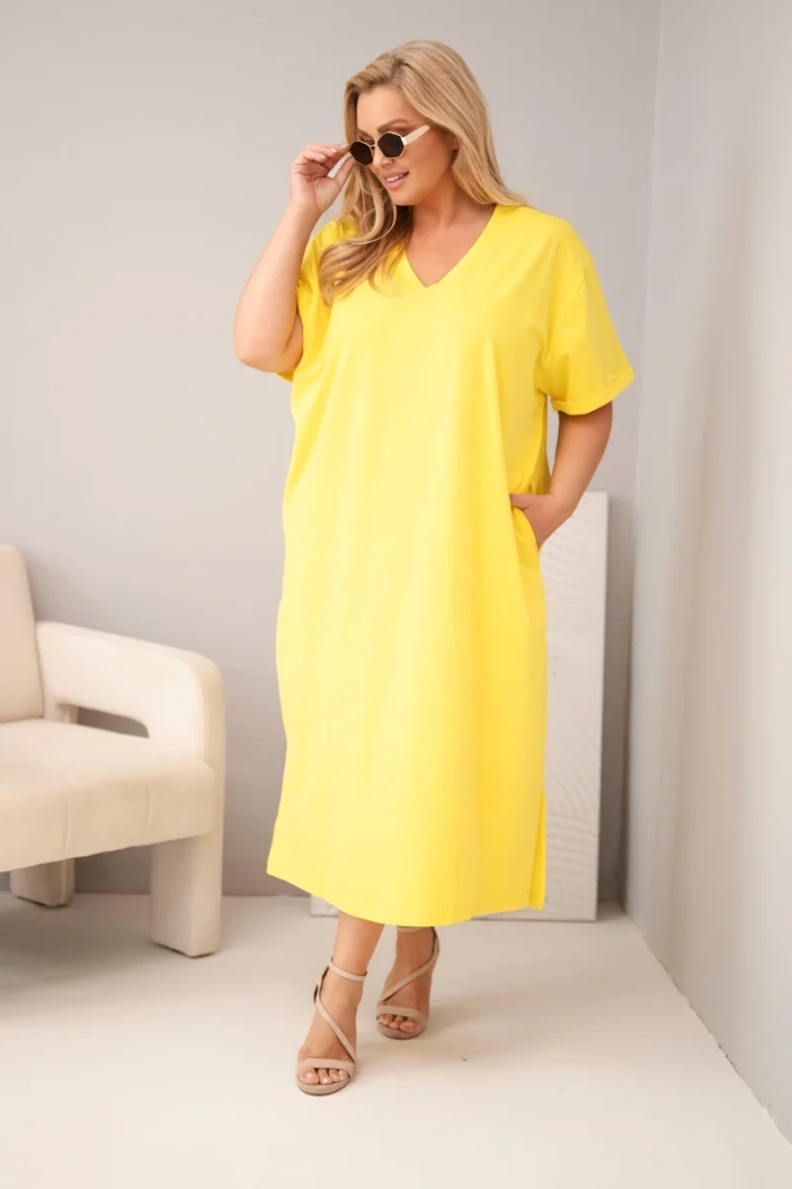 Dámske plus size bavlnené šaty s výstrihom do V žltá