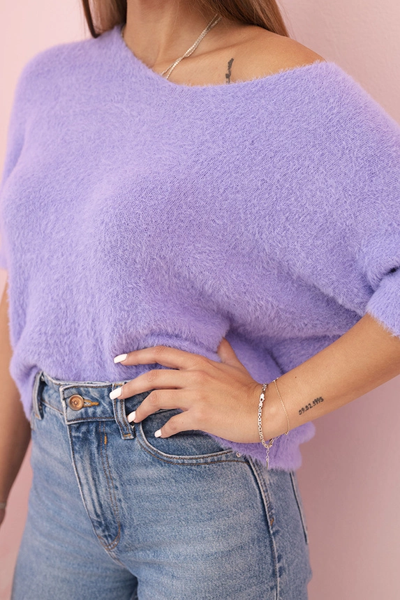 Women's sweater made of soft fluff with a V-neck short sleeves light purple