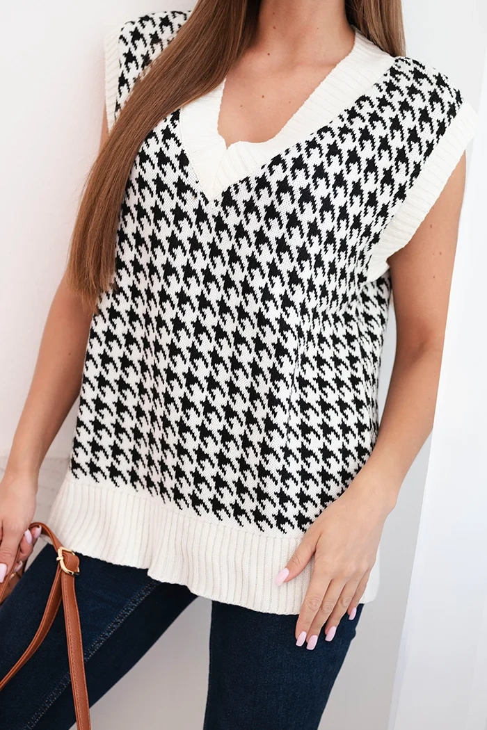 Sveter Houndstooth bez rukávov ecru