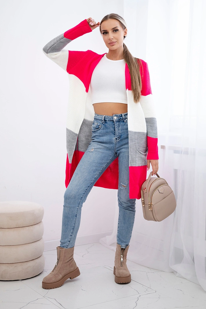 Gestreifter Cardigan-Pullover himbeer+ecru