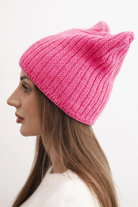 Damenwintermütze aus Wolle im Katzenstil aus geripptem Strick K419 rosa