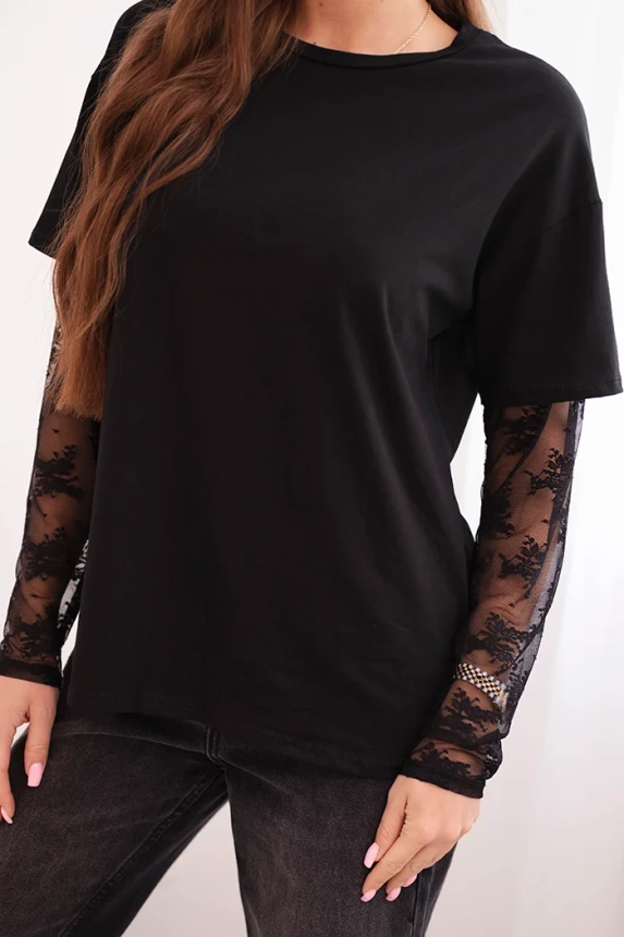 Women's cotton blouse with lace sleeves black