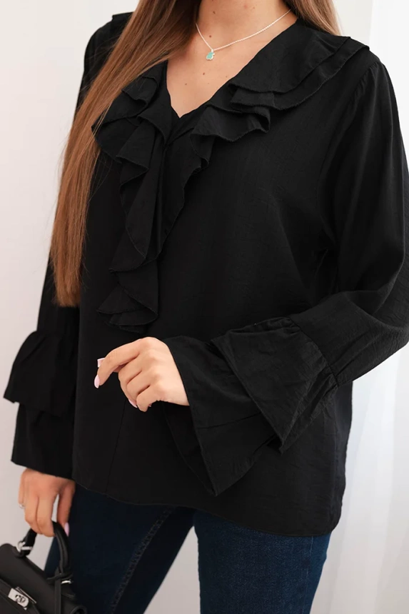 Damenbluse aus Viskose mit Rüschen und langen Ärmeln schwarz