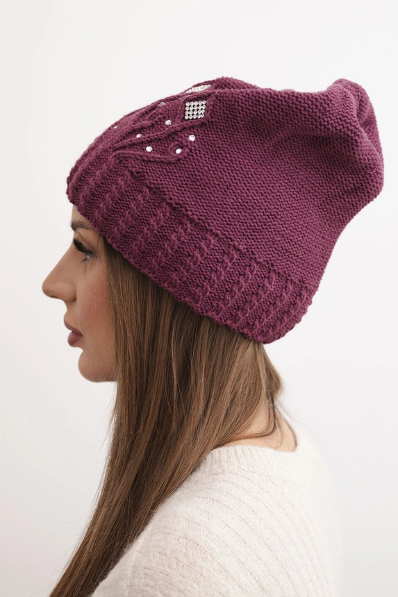 Women's winter wool hat with pom-poms and extended sides K448 purple