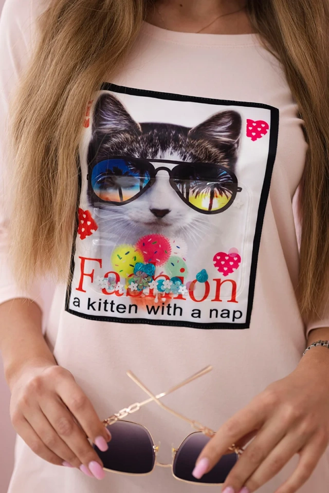 Dress with cat graphics 3D powdered pink
