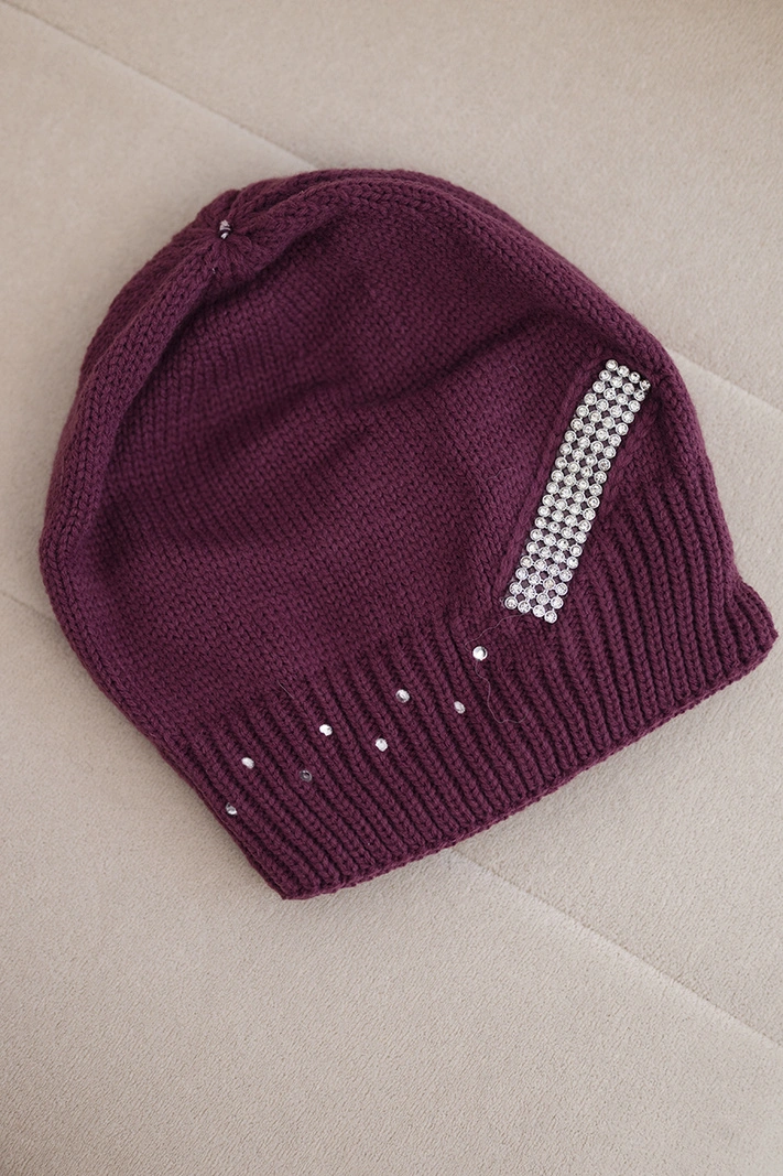 Women's winter wool hat with decorative zirconia strap K402 dark purple