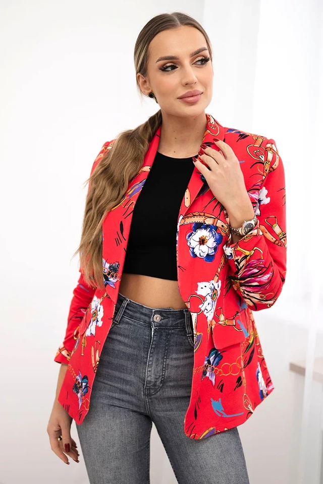 Marynarka bawełniana z kolorowym nadrukiem malinowa