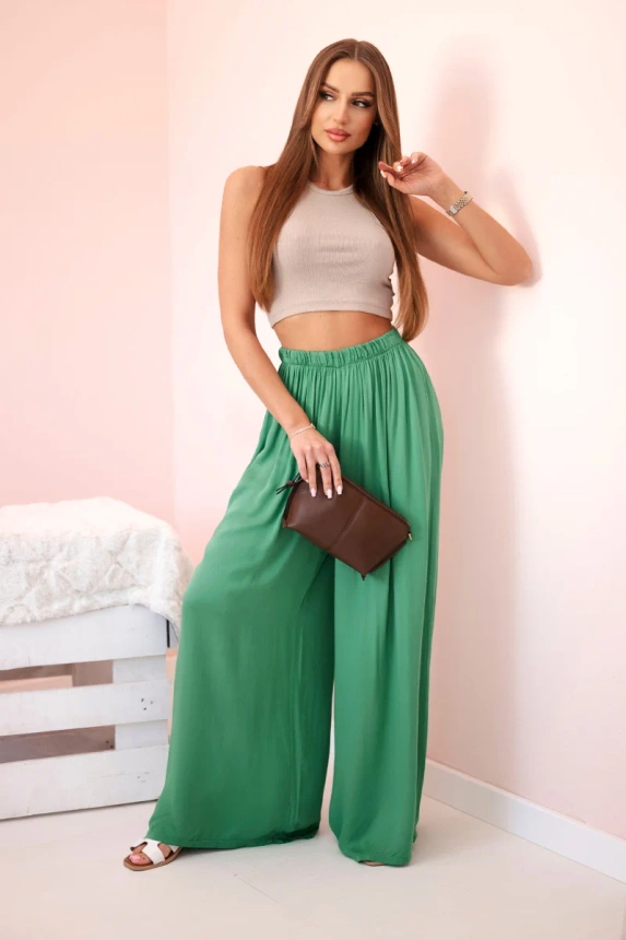 Women's wide viscose trousers with elastic waistband green