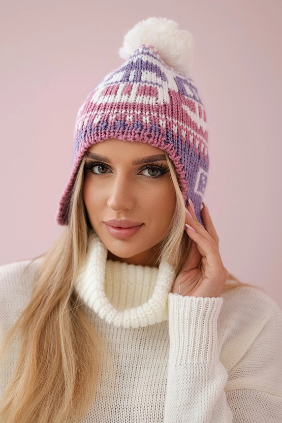 Cap with a pompom Rosa K368 purple+white+dark pink