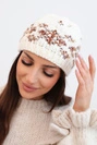 Women's winter hat with Norwegian pattern and thick weave K351 camel+ecru