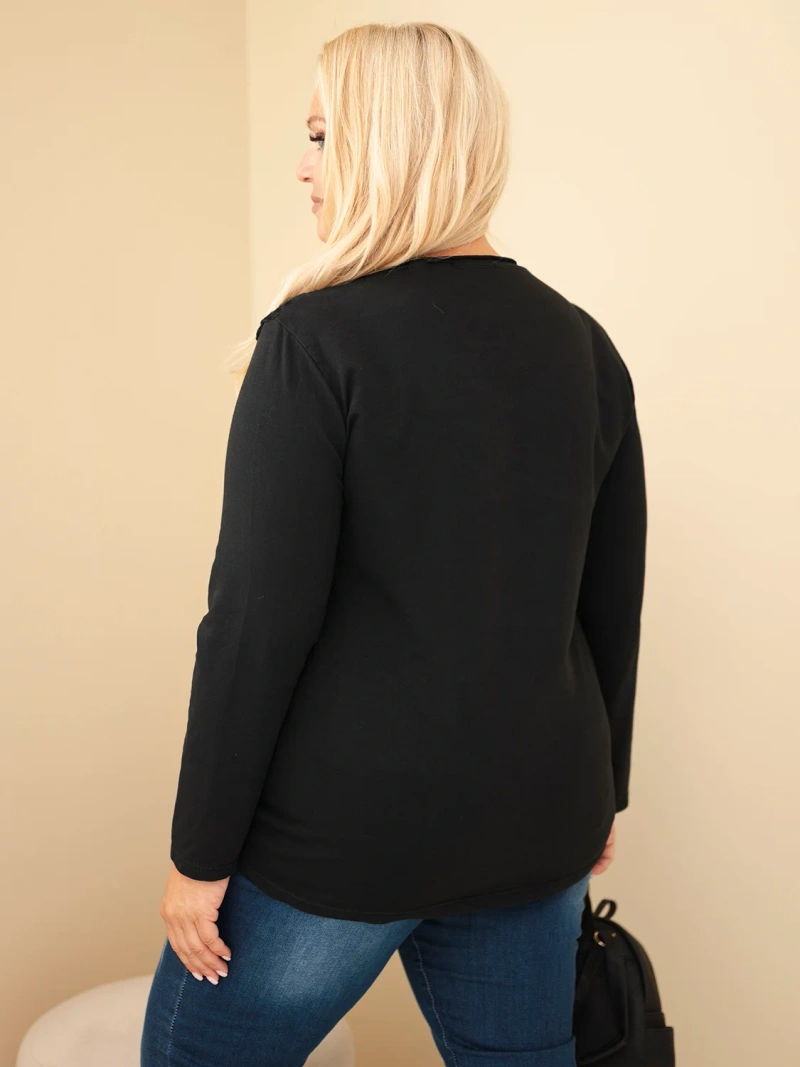 Moteriškas medvilninis džemperis Plus Size su skylėta įsiuva ir kišene juoda