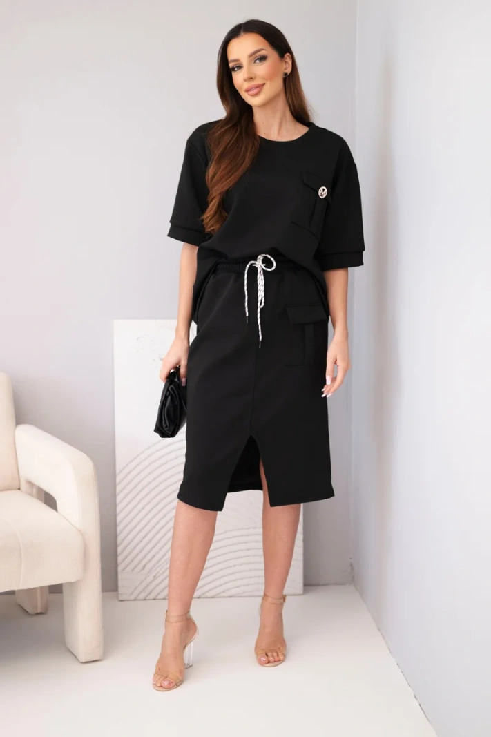 Women's buttery set with blouse and midi skirt black