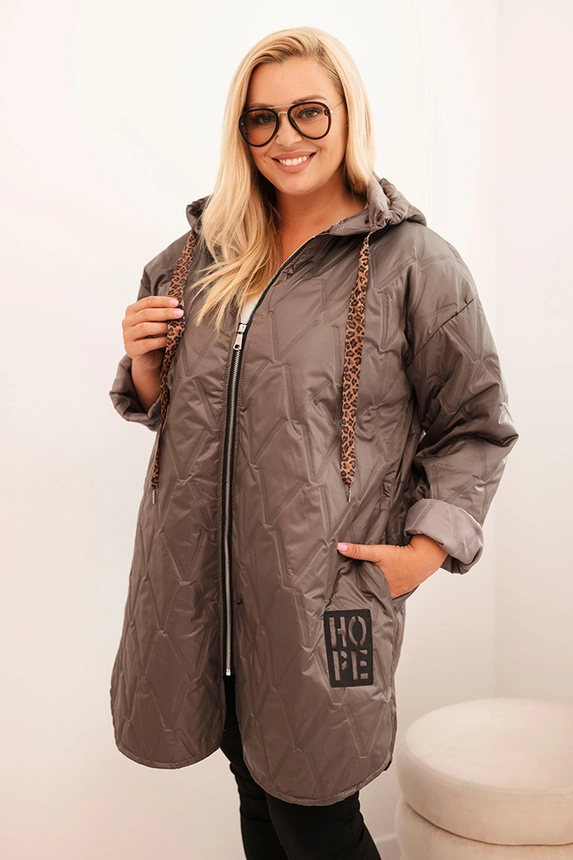 Dámska bunda Plus Size prešívaná s kapucňou a nápisom HOPE cappuccino