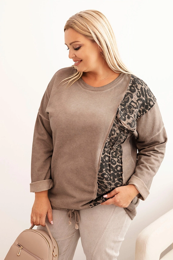 Dámská mikina Plus Size s bavlnou, s leopardím lampasem a šňůrkou fango