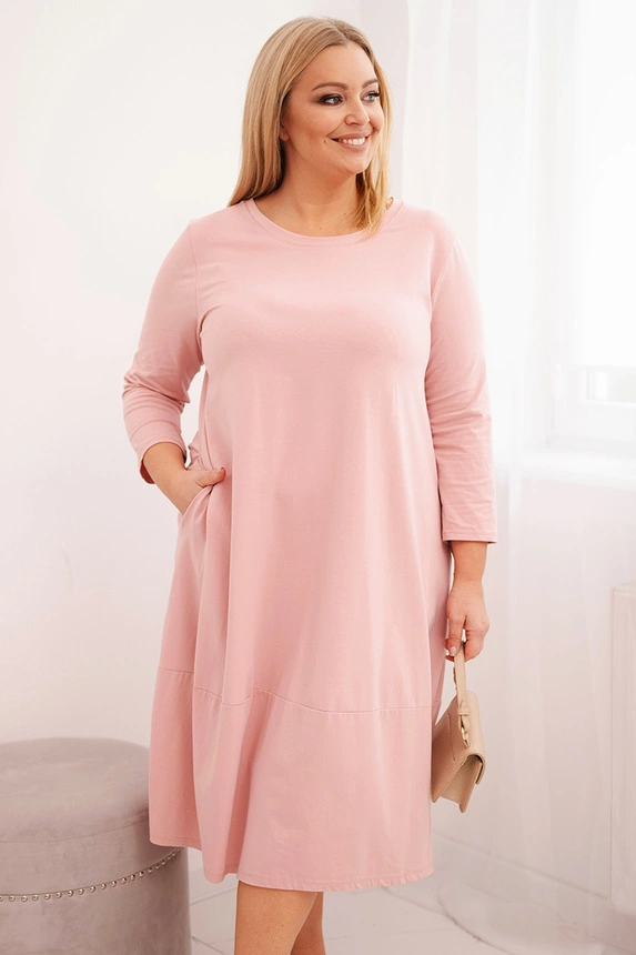 Dámská bavlněná šaty Plus Size s ohrnutým rukávem a kapsami pudrově růžová