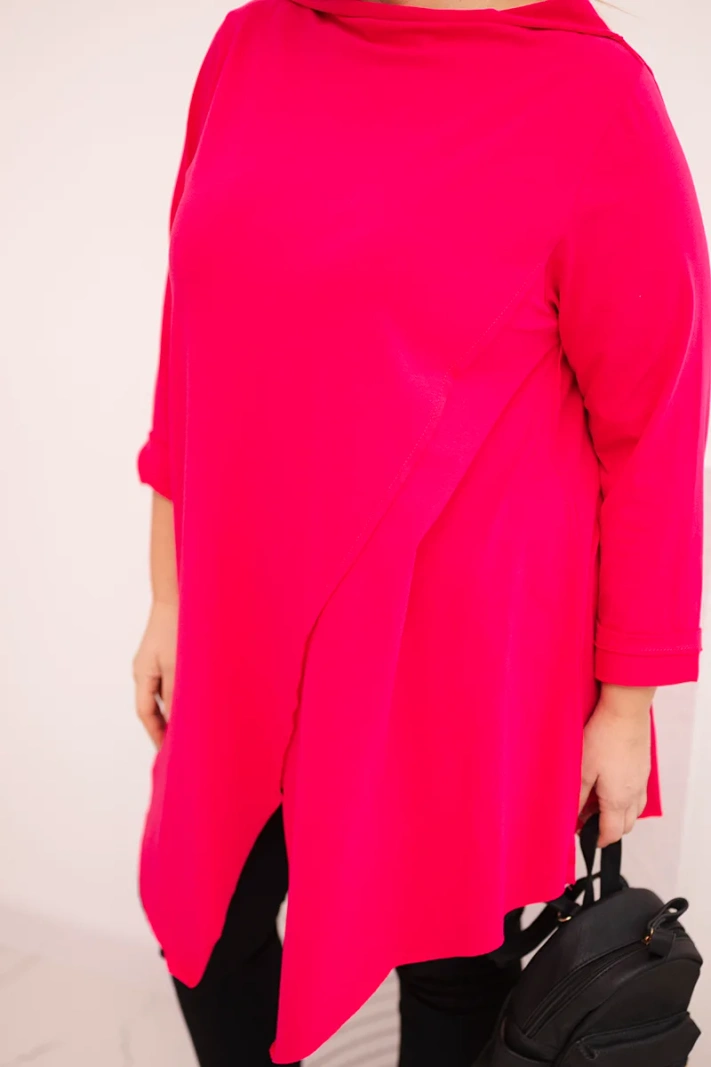 Dámská bavlněná blůza Plus Size asymetrická s ohrnovacími rukávy fuchsie