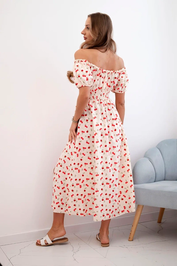 Maxikleid für Damen mit Blumen und Puffs beige+rot