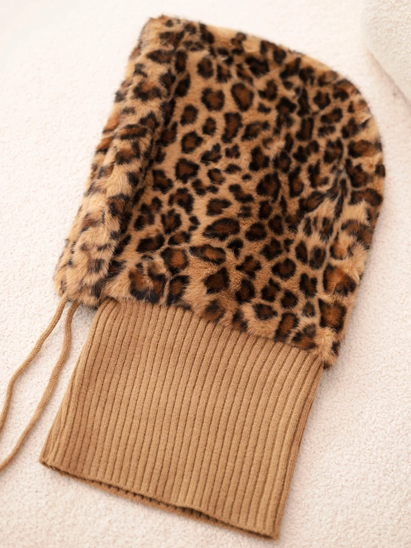 Women's hat fur hood with tie in leopard print camel color