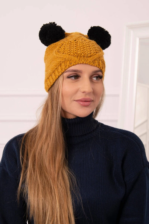 Cap with fleece 2 pompoms K291 mustard