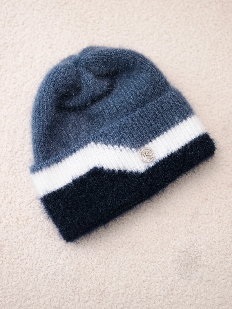 Damenmütze Beanie gerippt mit Verzierung jeans+marineblau