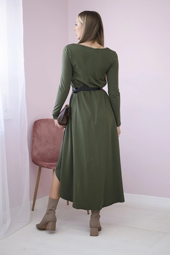 Dress with a decorative belt and an inscription khaki