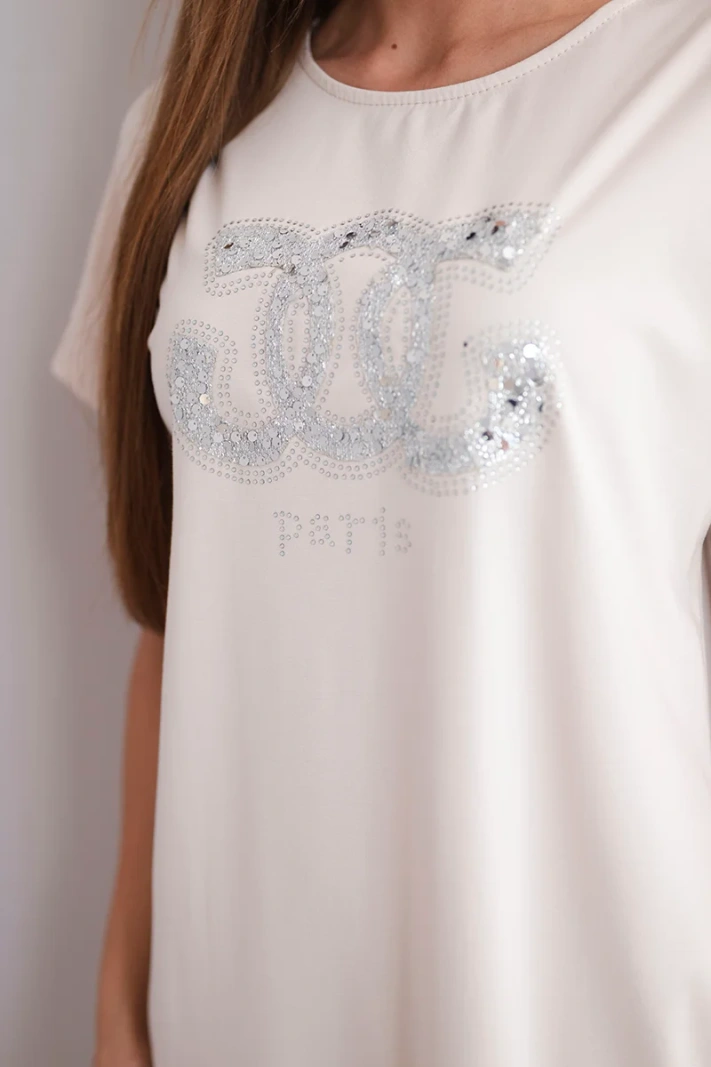 Women's viscose dress with short sleeves and decorative print beige