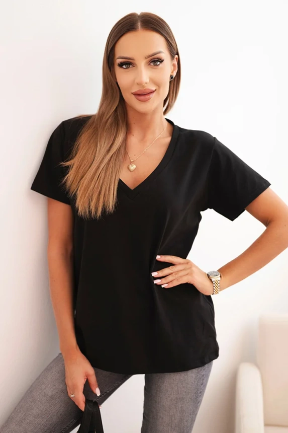 Women's cotton blouse with a V-neck and short sleeves black