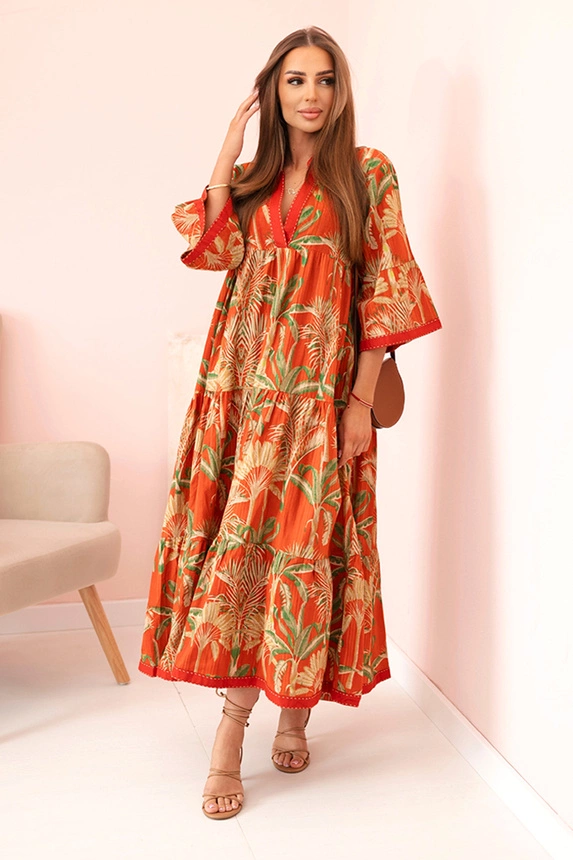 Locker geschnittenes Damenkleid aus Baumwolle mit V-Ausschnitt Ingwer